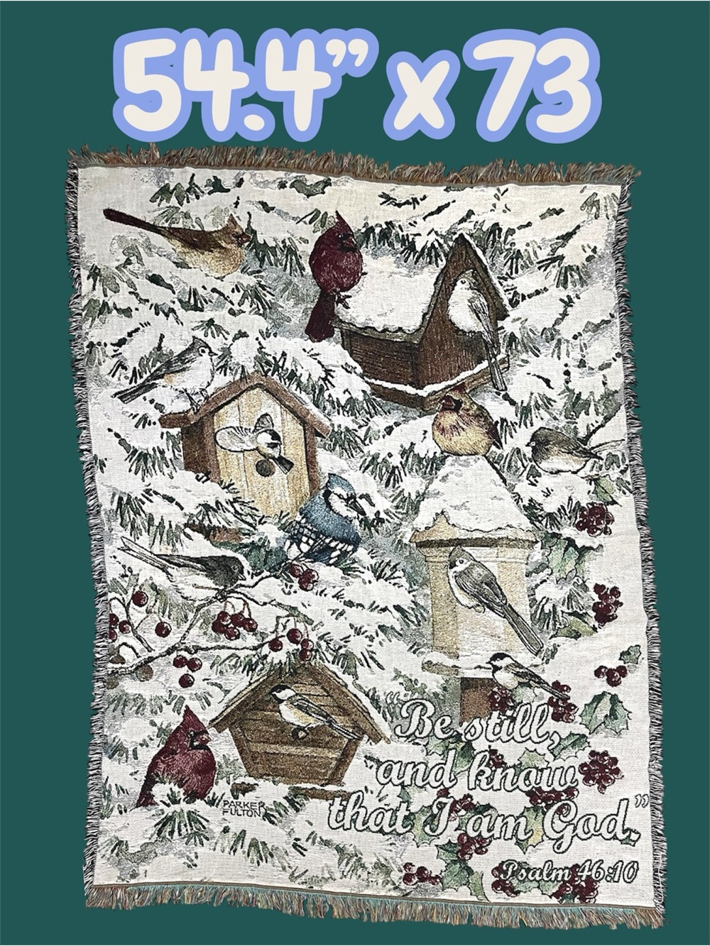 Religious quote Birds Birdhouses Tapestry Throw Blanket Ivory Green, Red Accents